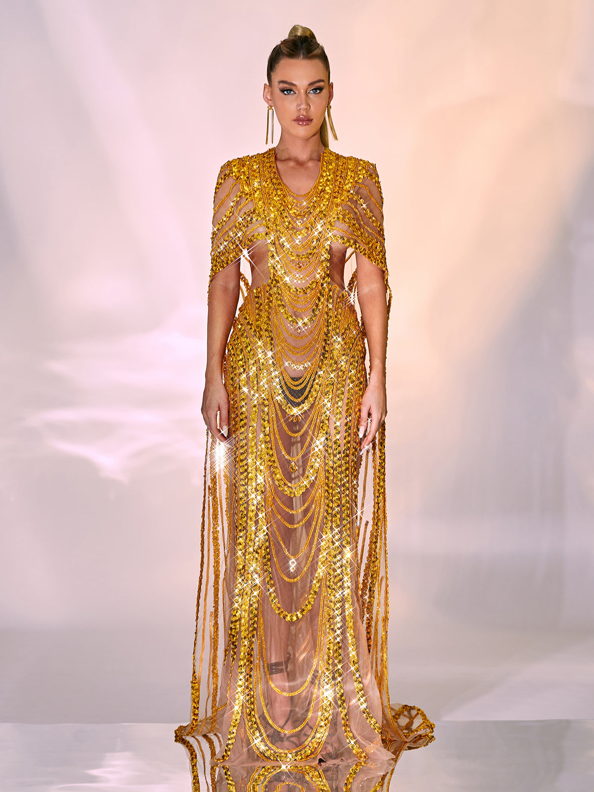 V-Neck Sequin Beaded Chain Illusion Cape Sleeve Mermaid Maxi Gown 3
