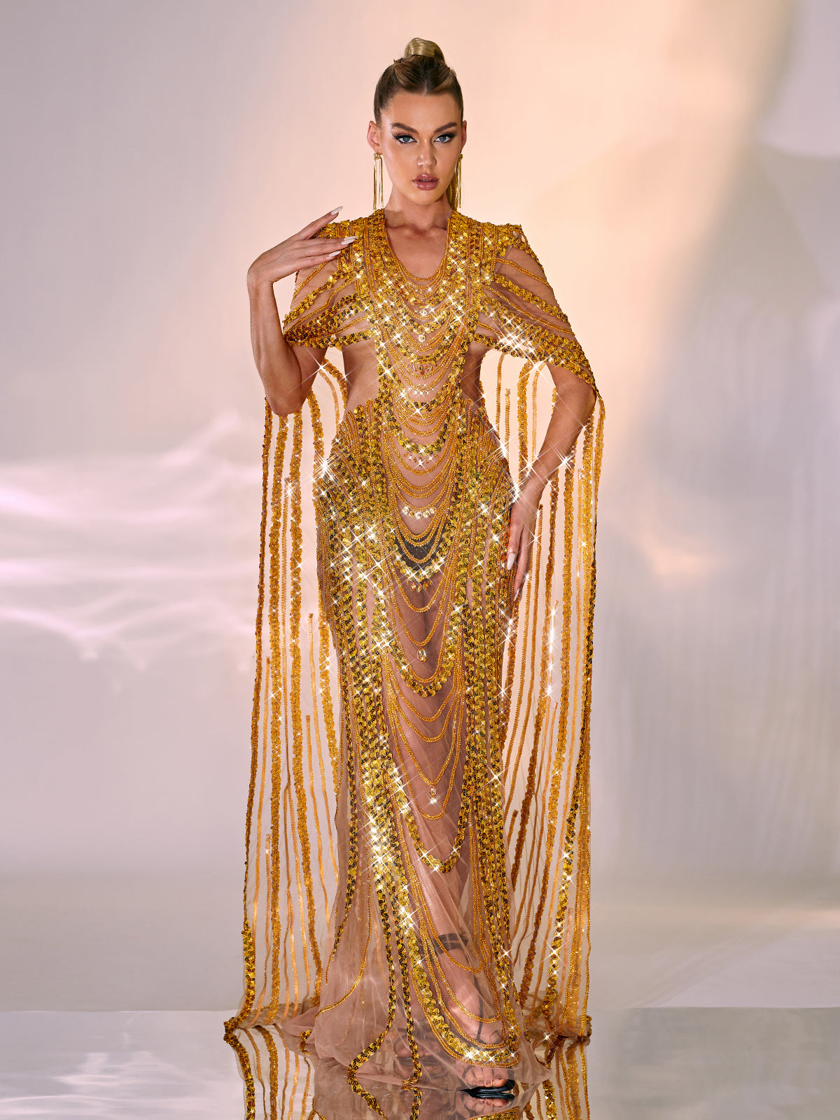V-Neck Sequin Beaded Chain Illusion Cape Sleeve Mermaid Maxi Gown