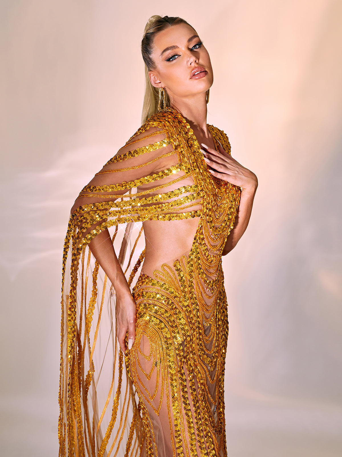 V-Neck Sequin Beaded Chain Illusion Cape Sleeve Mermaid Maxi Gown 4