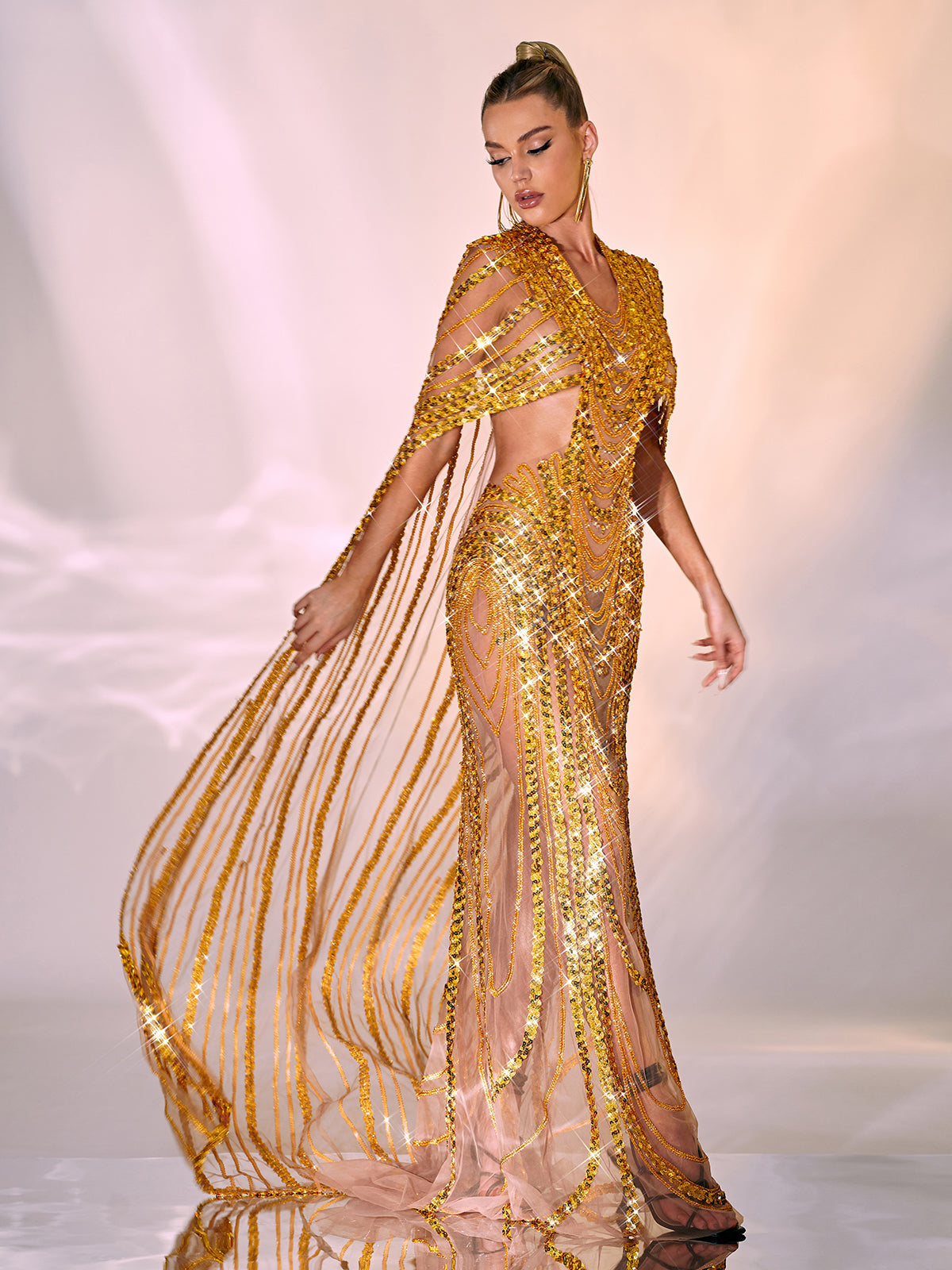 V-Neck Sequin Beaded Chain Illusion Cape Sleeve Mermaid Maxi Gown 2