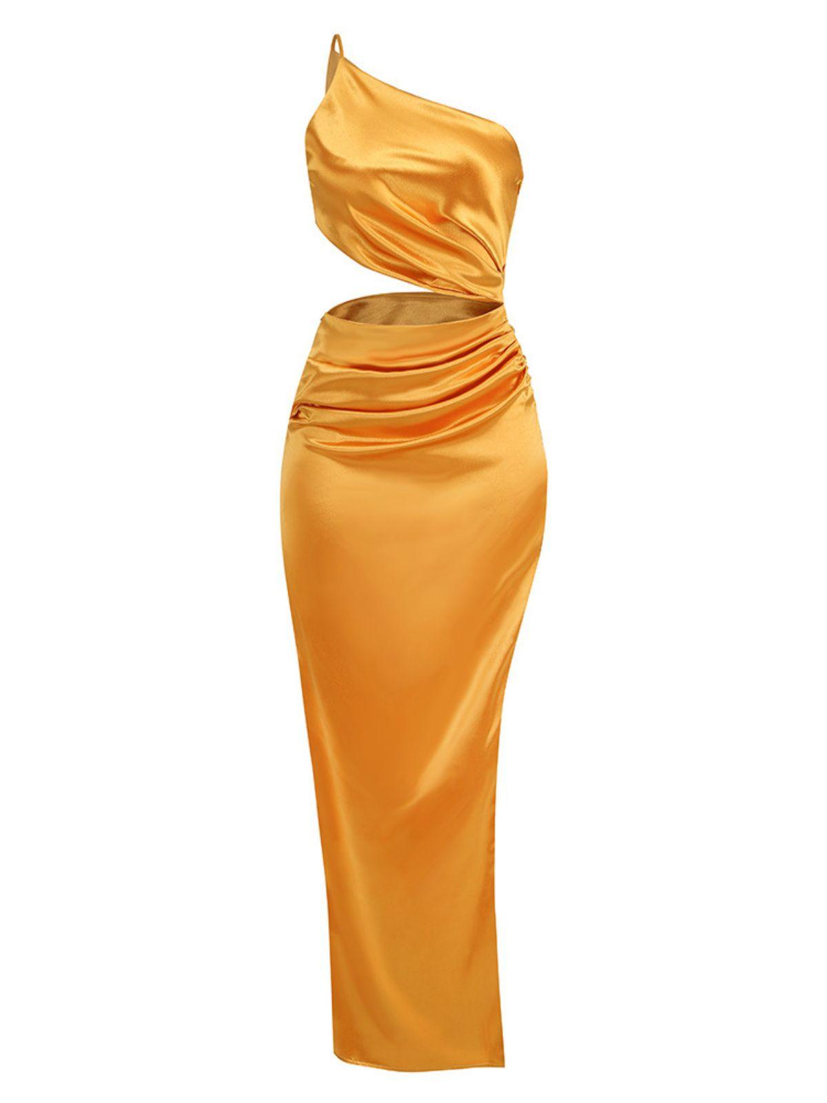 One Shoulder Satin Cutout Ruched High Slit Maxi Dress