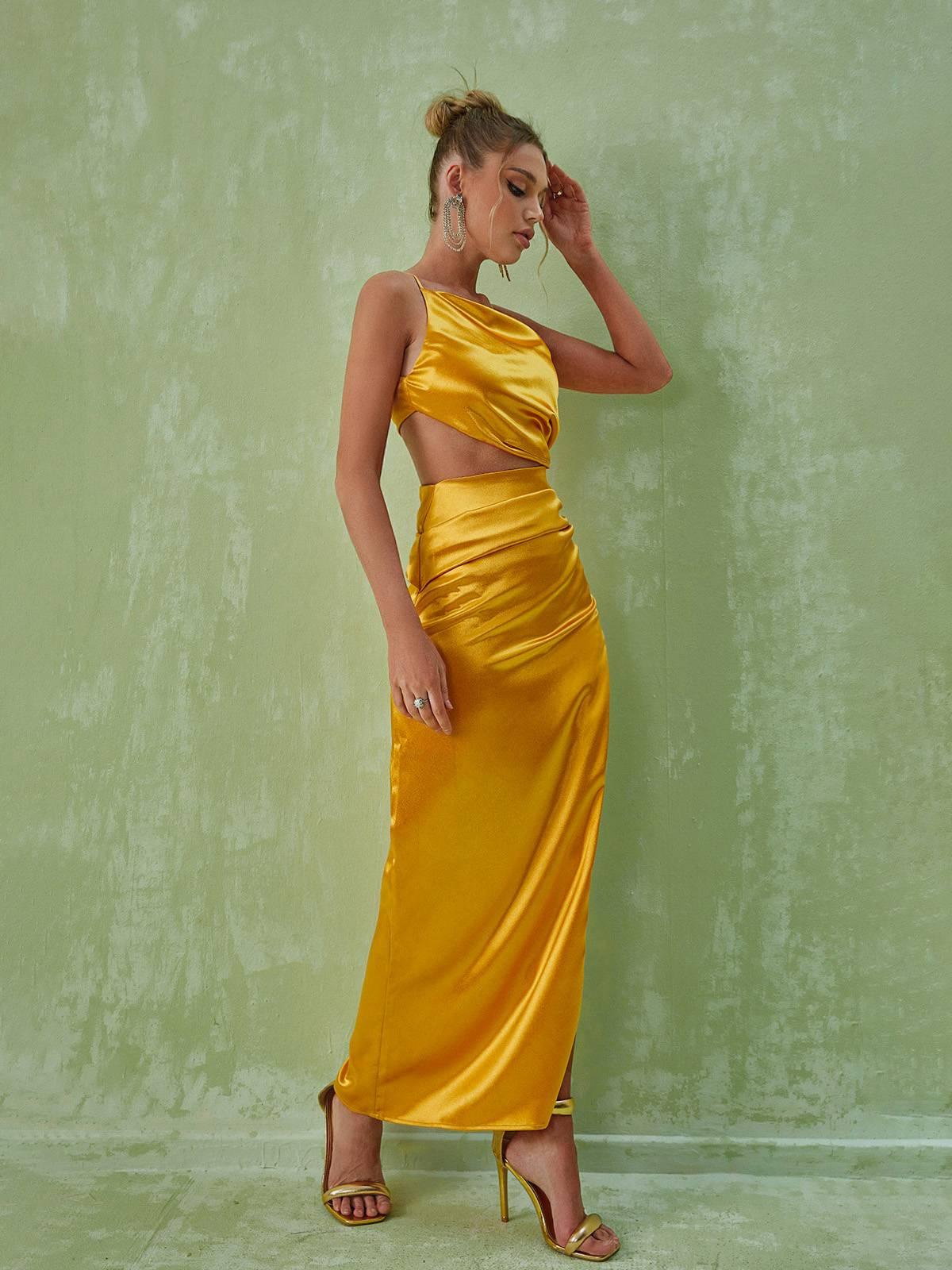 One Shoulder Satin Cutout Ruched High Slit Maxi Dress