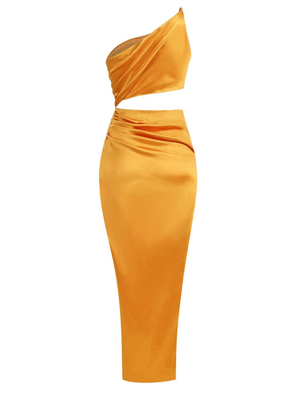 One Shoulder Satin Cutout Ruched High Slit Maxi Dress