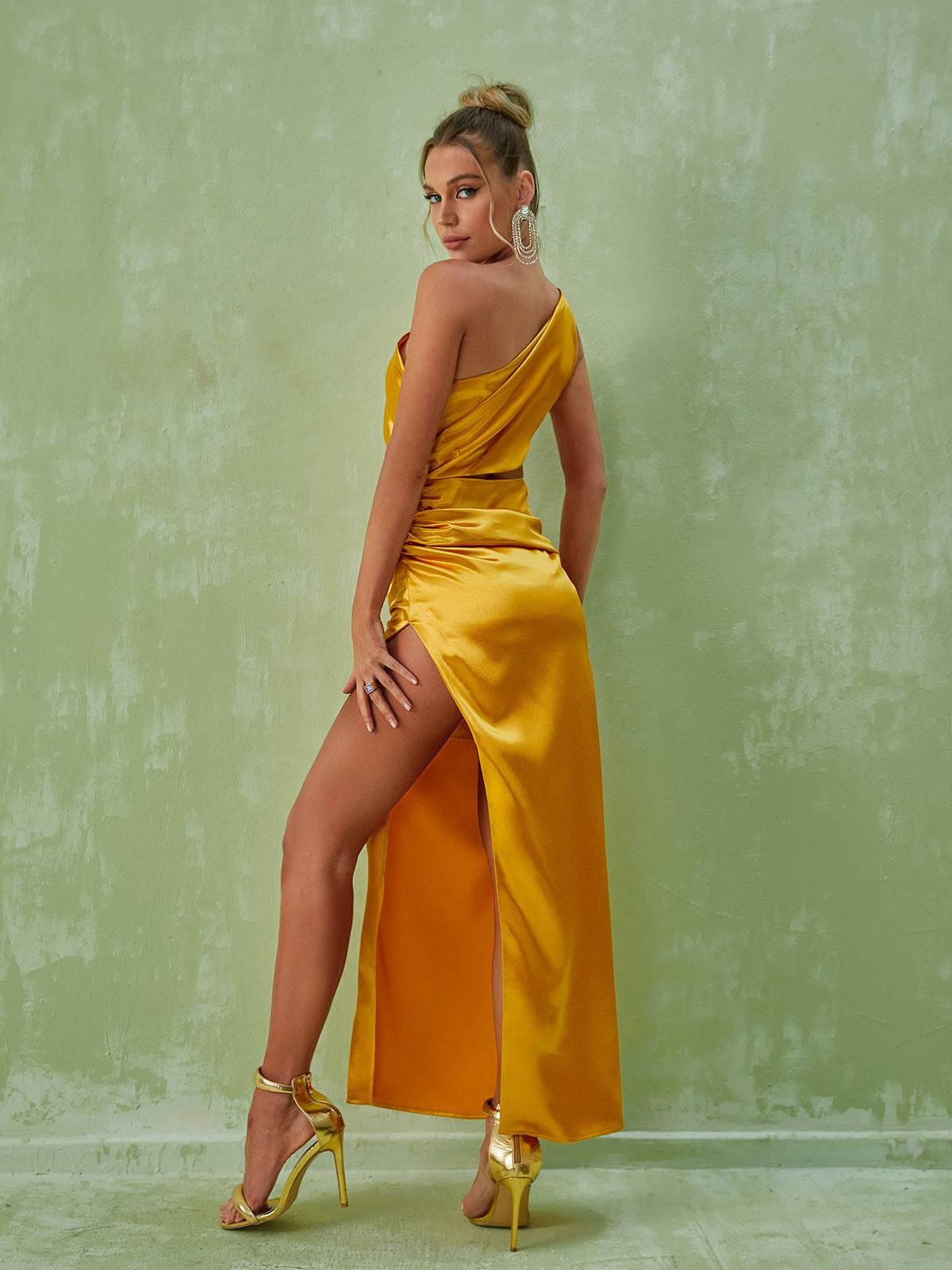 One Shoulder Satin Cutout Ruched High Slit Maxi Dress