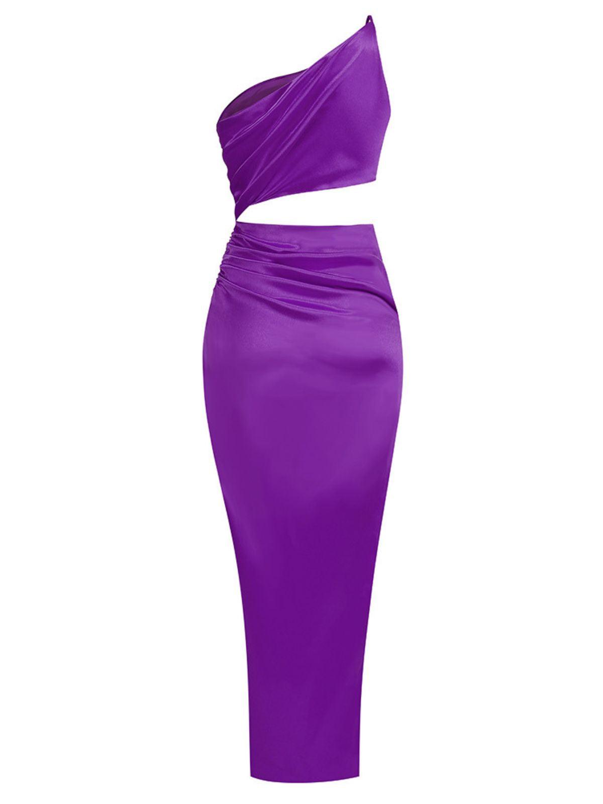 One Shoulder Satin Ruched Cutout High Slit Bodycon Maxi Dress 7