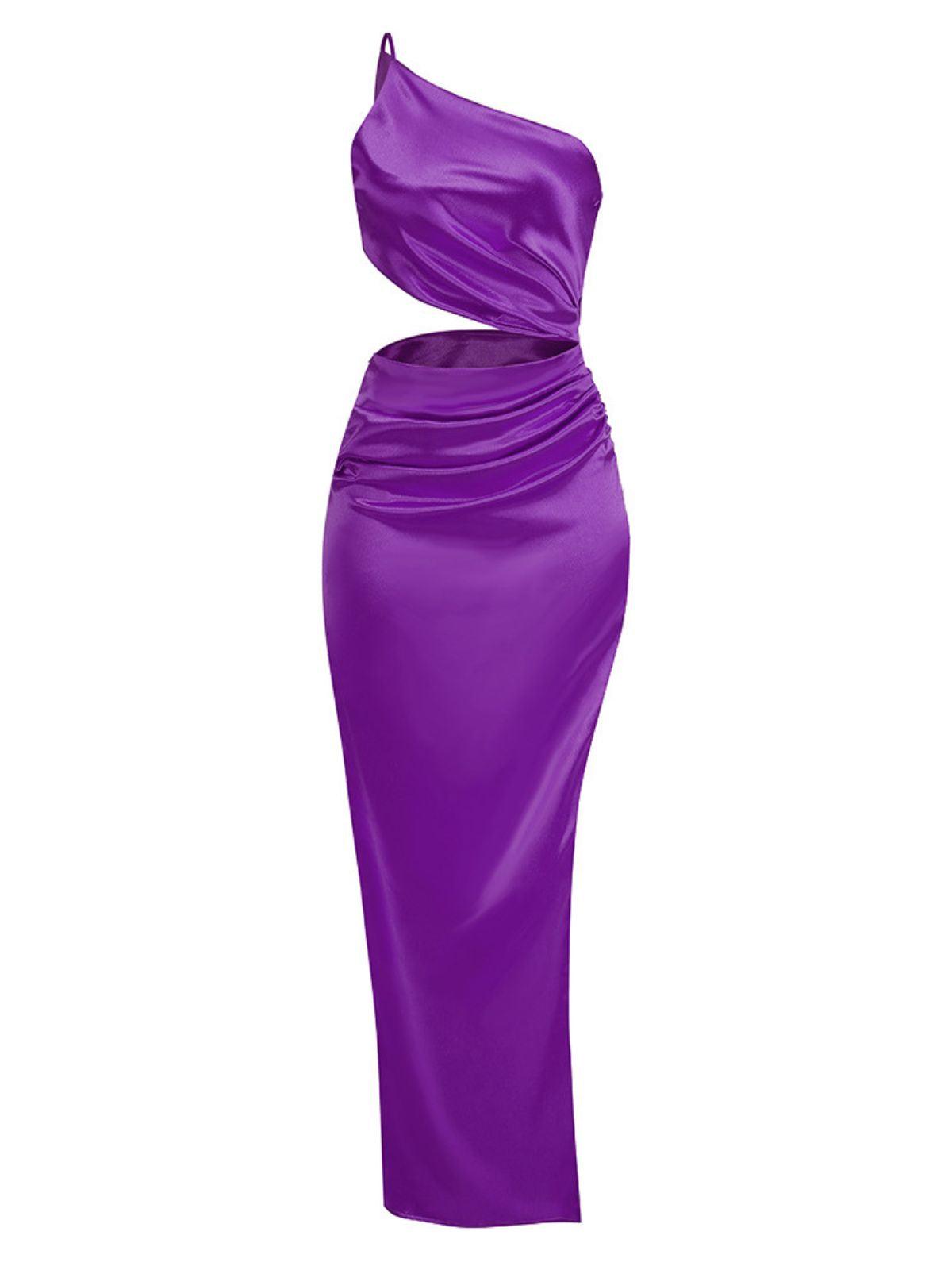 One Shoulder Satin Ruched Cutout High Slit Bodycon Maxi Dress 6