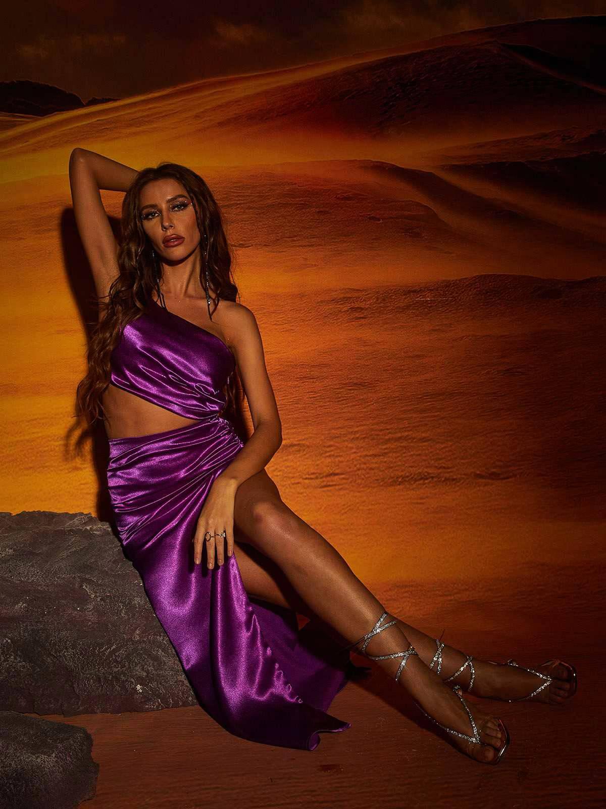 One Shoulder Satin Ruched Cutout High Slit Bodycon Maxi Dress 2
