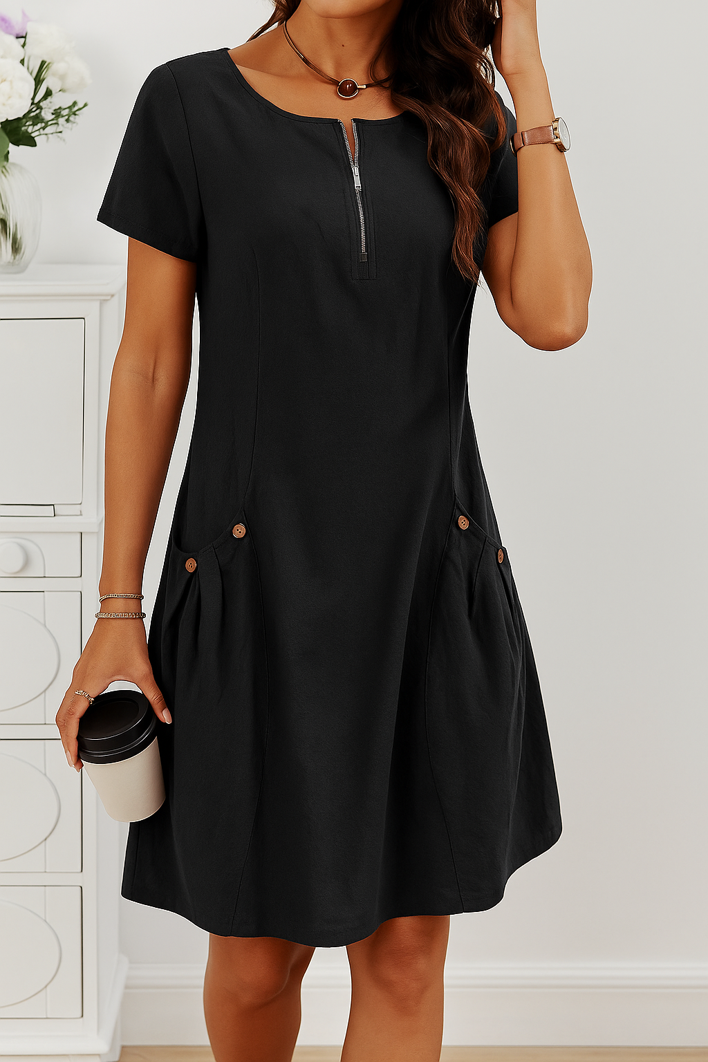 Quarter-Zip Round Neck Short Sleeve Button Pocket Midi Dress 5