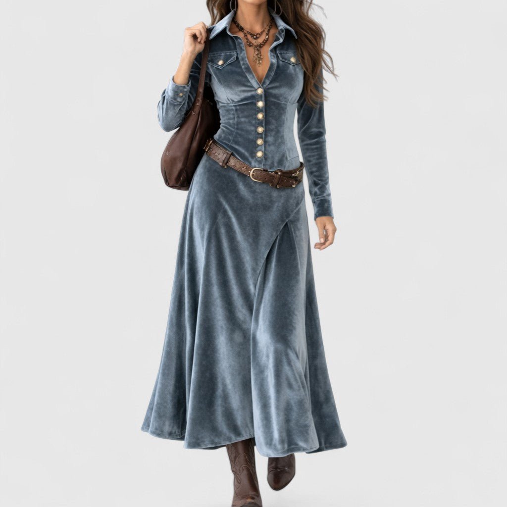 Blue Collared Long Sleeve Velvet Button-Front Belted Flowing Maxi Dress