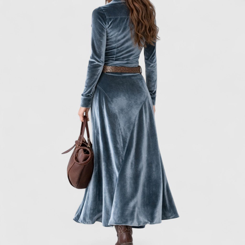 Blue Collared Long Sleeve Velvet Button-Front Belted Flowing Maxi Dress 3