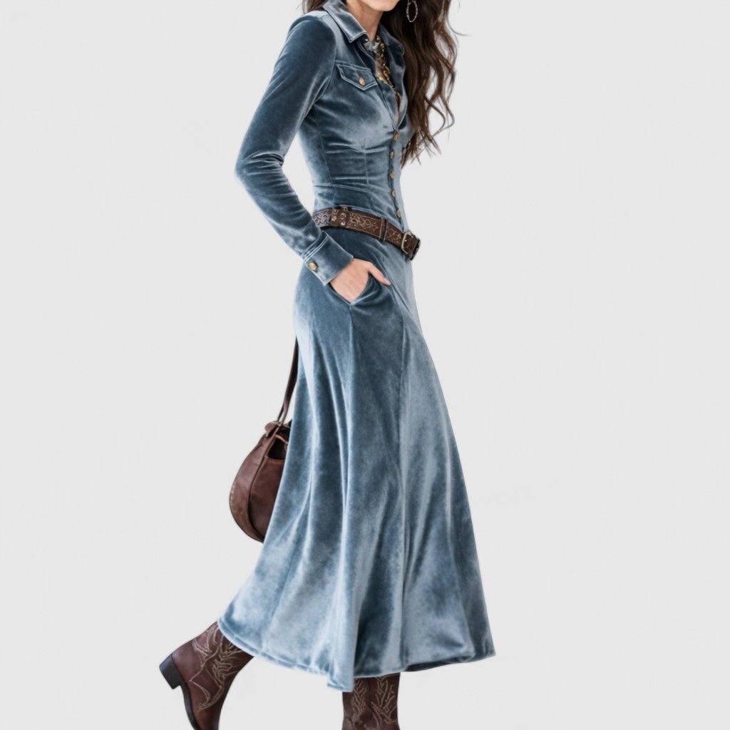 Blue Collared Long Sleeve Velvet Button-Front Belted Flowing Maxi Dress 4