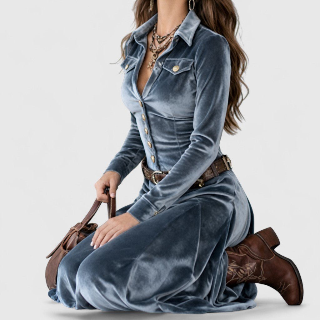 Blue Collared Long Sleeve Velvet Button-Front Belted Flowing Maxi Dress 5