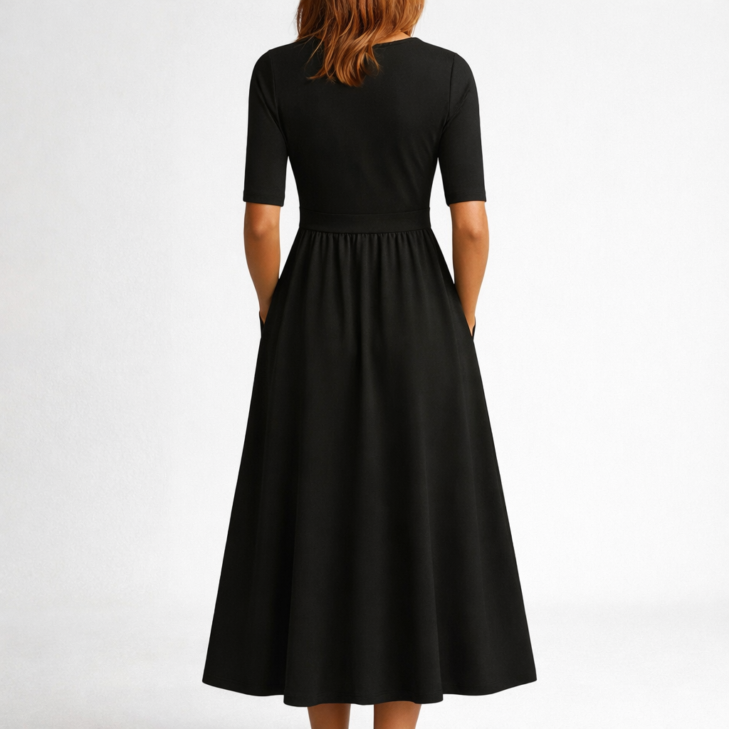 Short Sleeve Pocket Gathered Waist A-Line Midi Dress