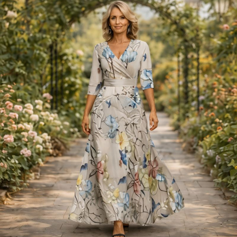 V-Neck Half Sleeve Floral Wrap Belted A-Line Maxi Dress