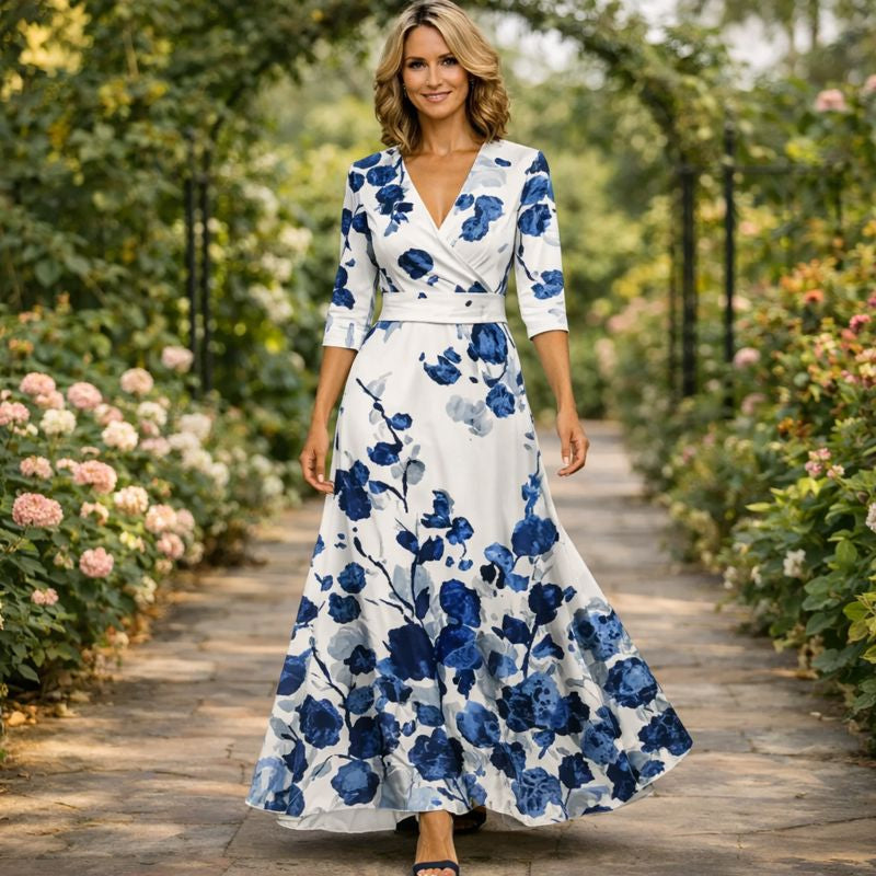 V-Neck Half Sleeve Floral Wrap Belted A-Line Maxi Dress