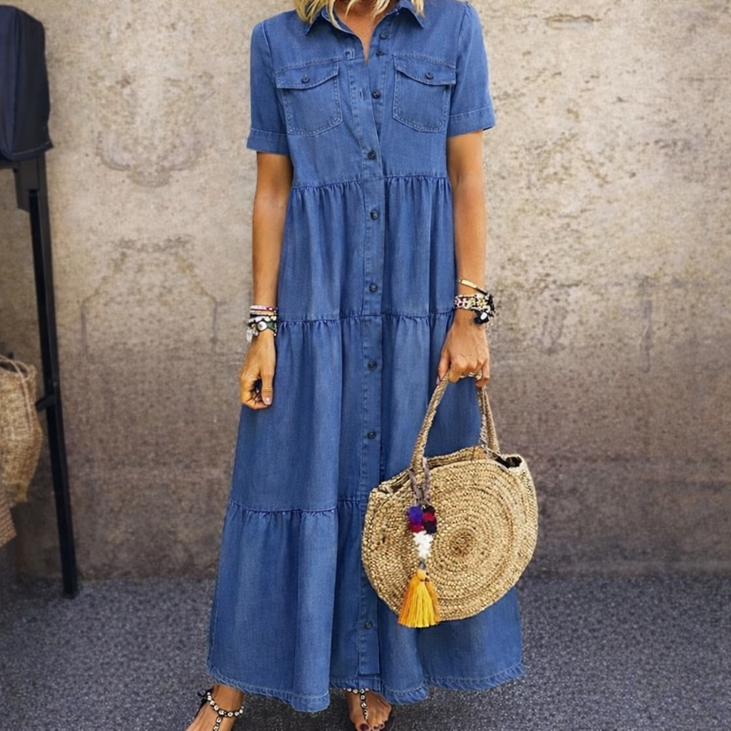 Collared Denim Button Front Short Sleeve Tiered Maxi Shirt Dress 2
