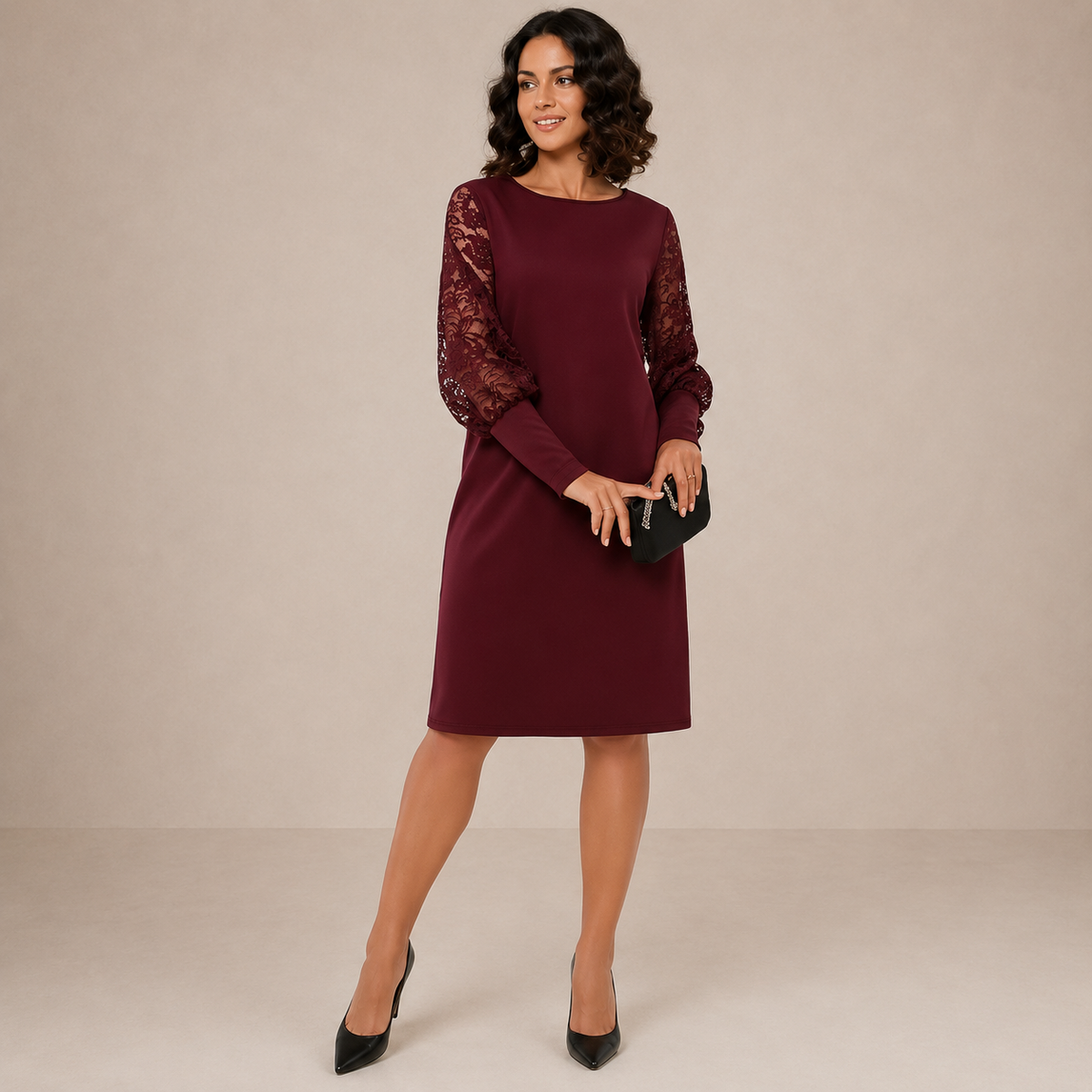 Boat Neck Lace Illusion Sleeve Shift Midi Dress