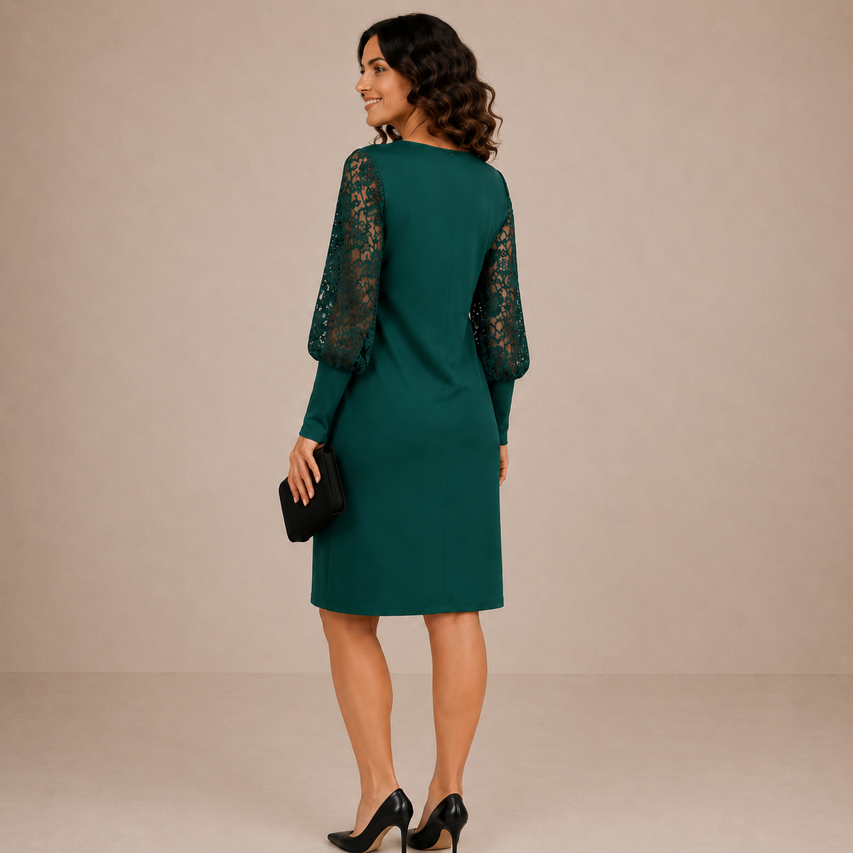Boat Neck Lace Illusion Sleeve Shift Midi Dress 6