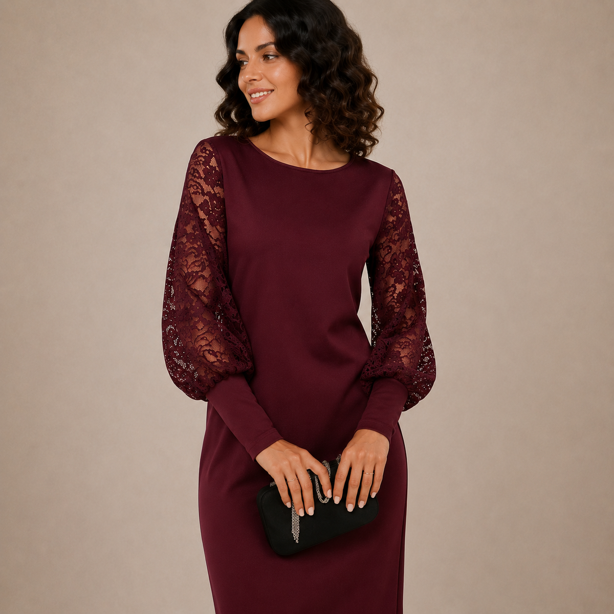 Boat Neck Lace Illusion Sleeve Shift Midi Dress 5