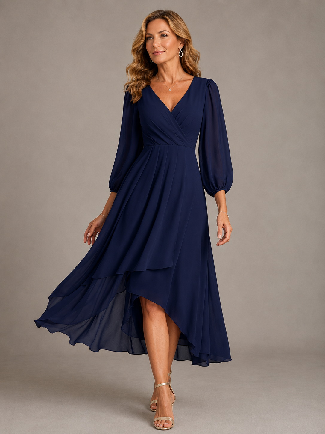 V-Neck Wrap Bishop Sleeve Chiffon High-Low Flowy Maxi Dress
