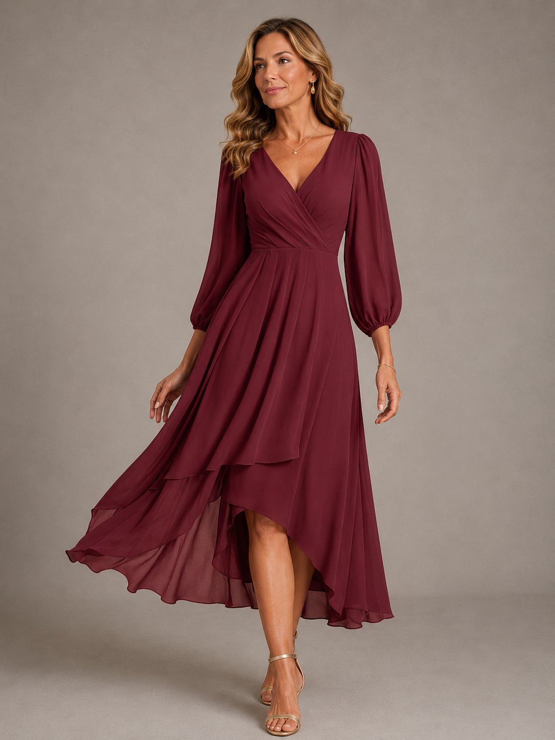 V-Neck Wrap Bishop Sleeve Chiffon High-Low Flowy Maxi Dress