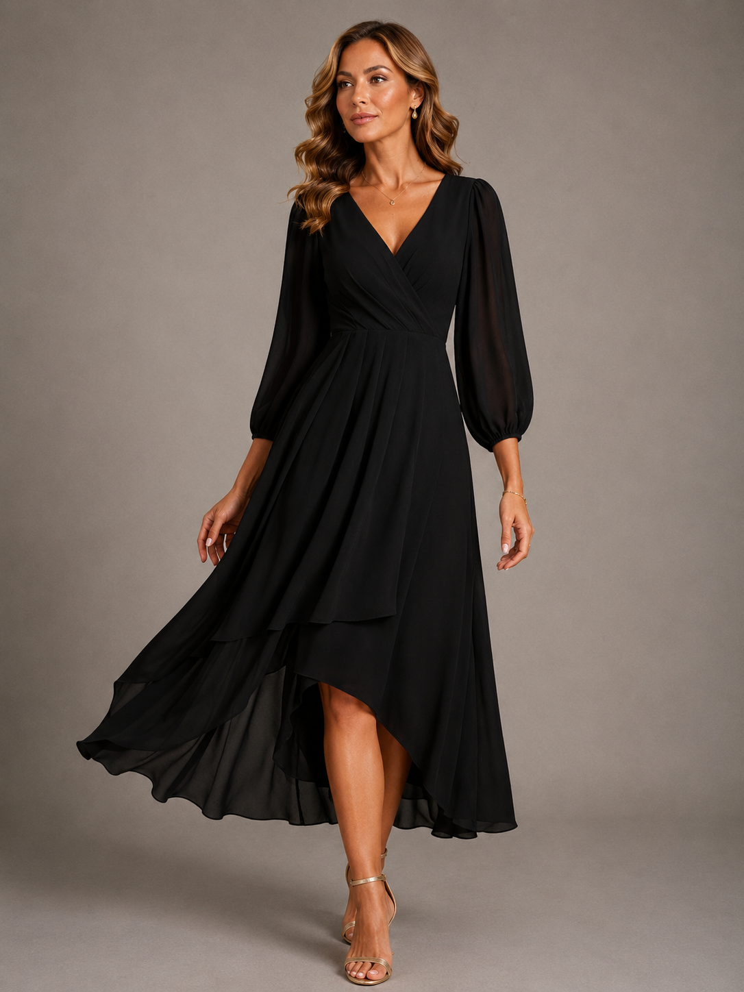 V-Neck Wrap Bishop Sleeve Chiffon High-Low Flowy Maxi Dress