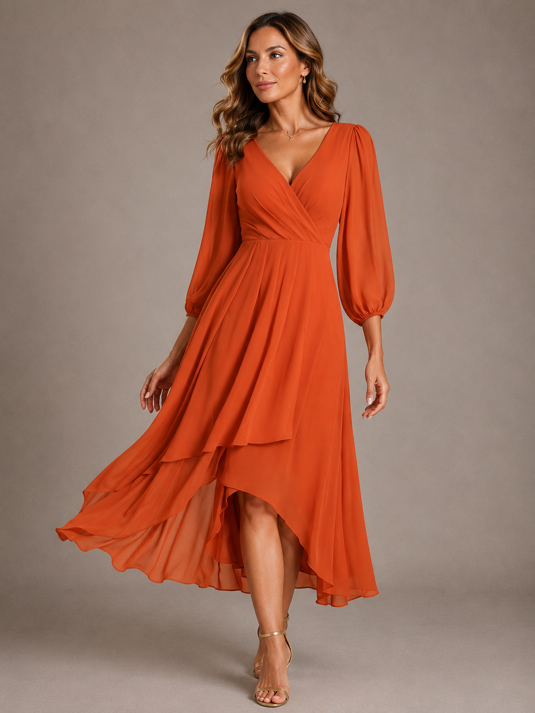 Surplice V-Neck Chiffon Bishop Sleeve High Low Ruffle Hem Maxi Dress