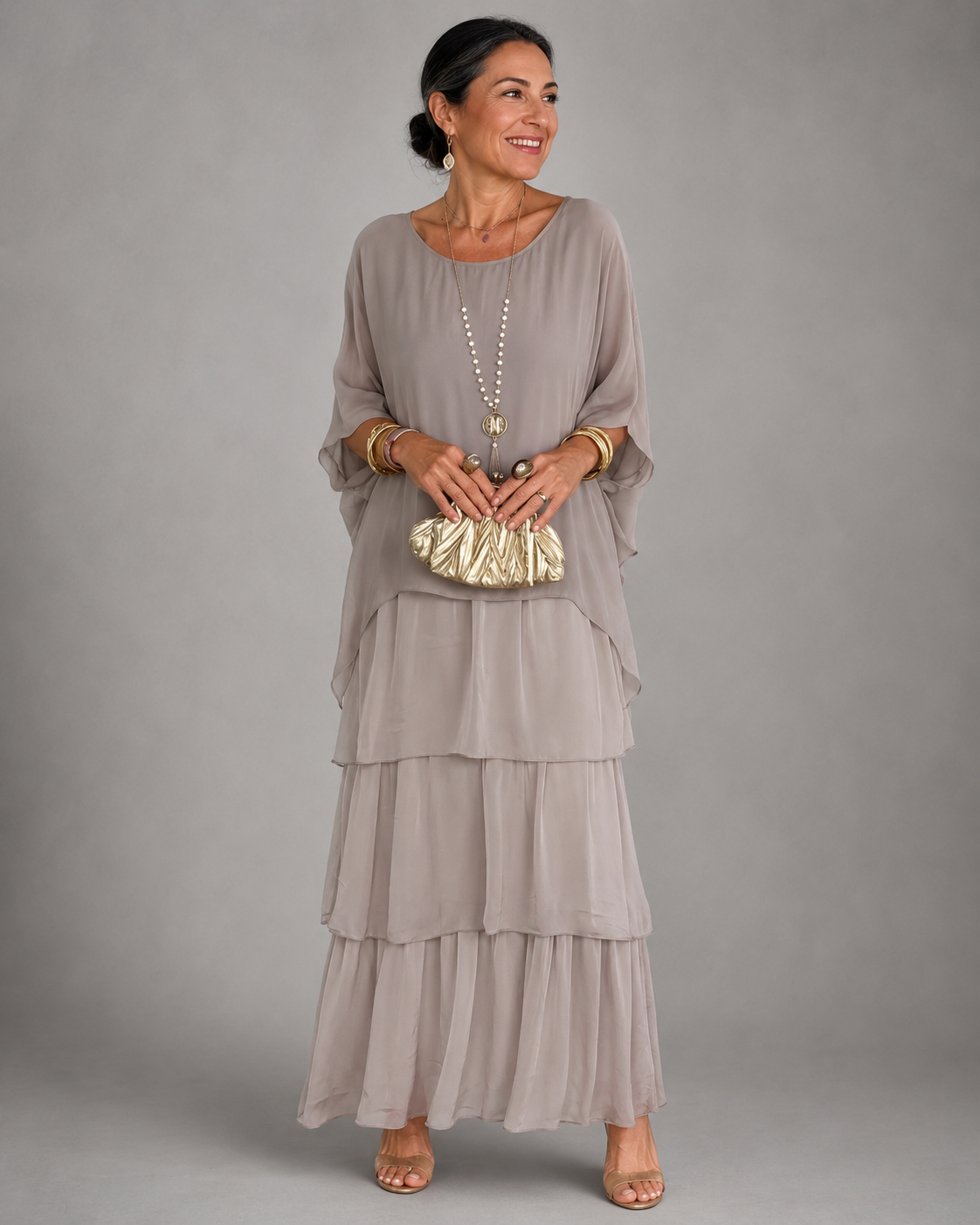 Round Neck Chiffon Cape Overlay Tiered Flowy Maxi Dress 3