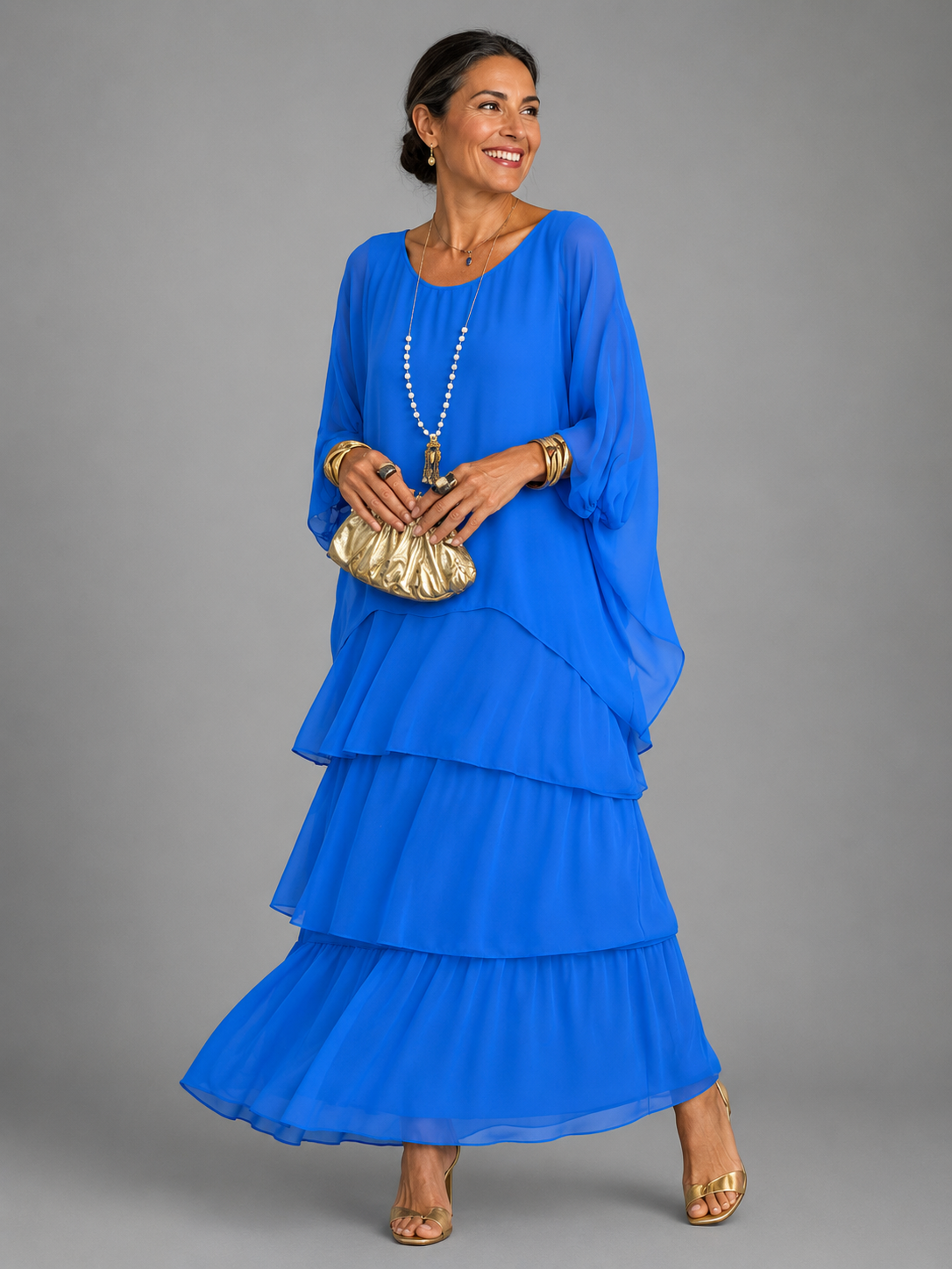 Round Neck Cape Overlay Tiered Chiffon A-Line Maxi Dress 5
