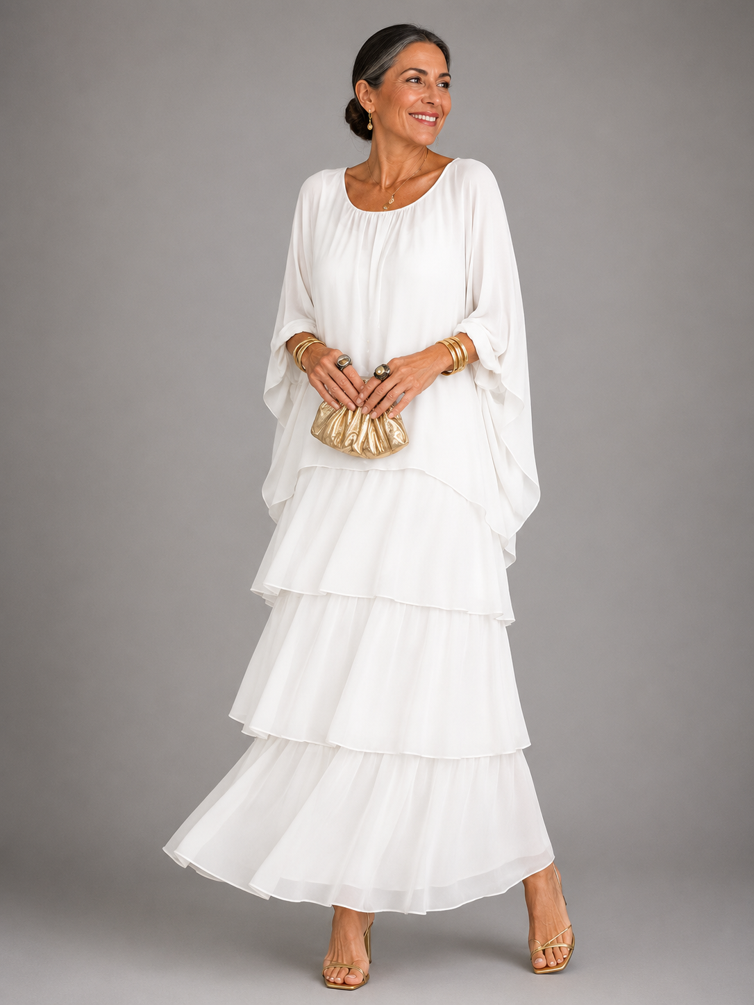 Round Neck Chiffon Cape Overlay Tiered Maxi Gown 7