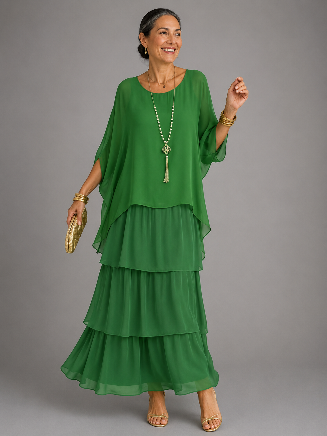 Round Neck Cape Sleeve Tiered Layered Chiffon Maxi Dress 7