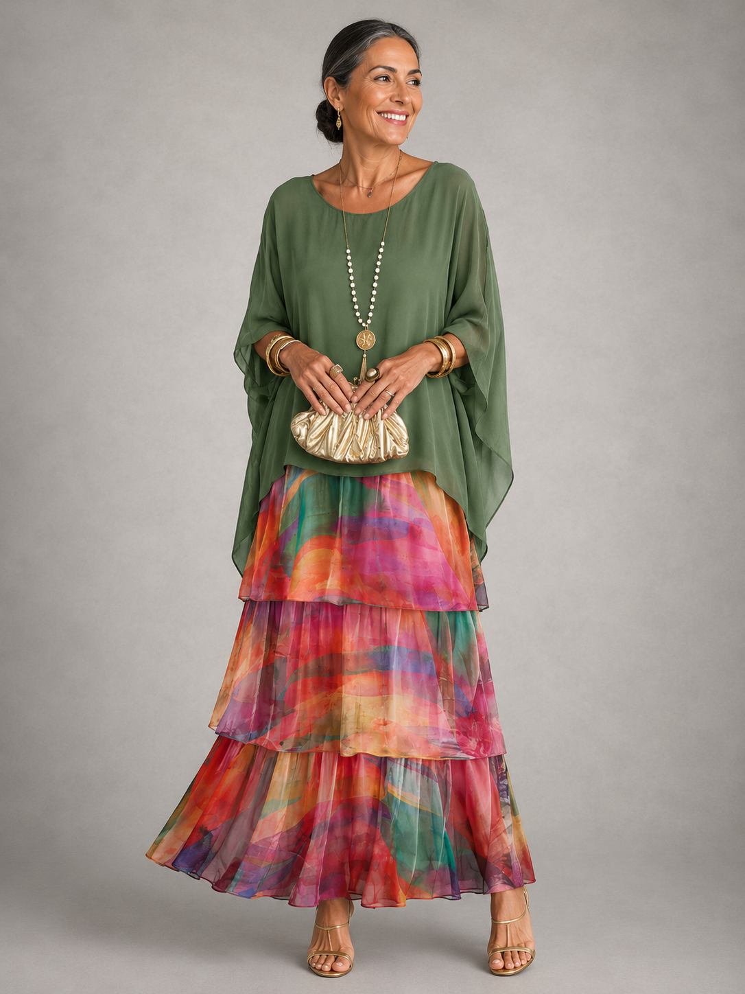 Round Neck Cape Overlay Tiered Chiffon A-Line Maxi Dress 9