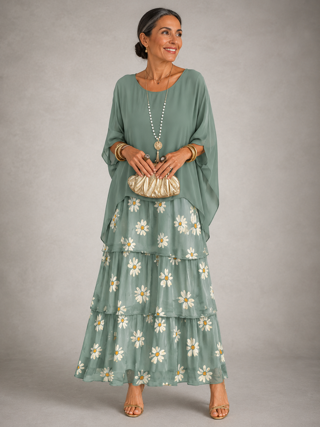 Round Neck Cape Sleeve Tiered Layered Chiffon Maxi Dress 8