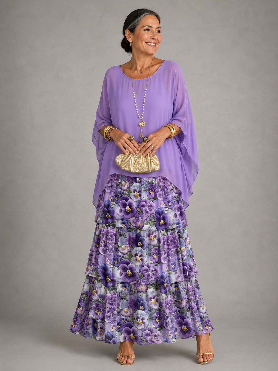 Round Neck Cape Overlay Tiered Chiffon A-Line Maxi Dress 10