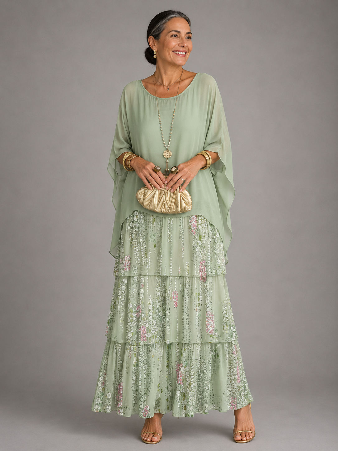 Round Neck Cape Overlay Tiered Chiffon A-Line Maxi Dress 12