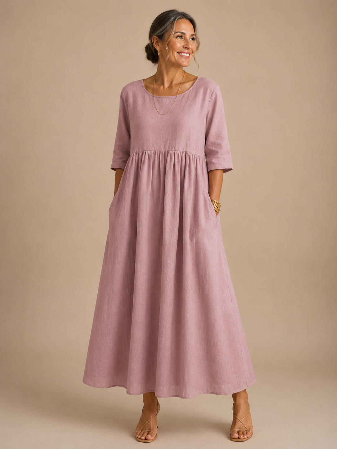 Round Neck Short Sleeve Pleated A-Line Maxi Dress 6