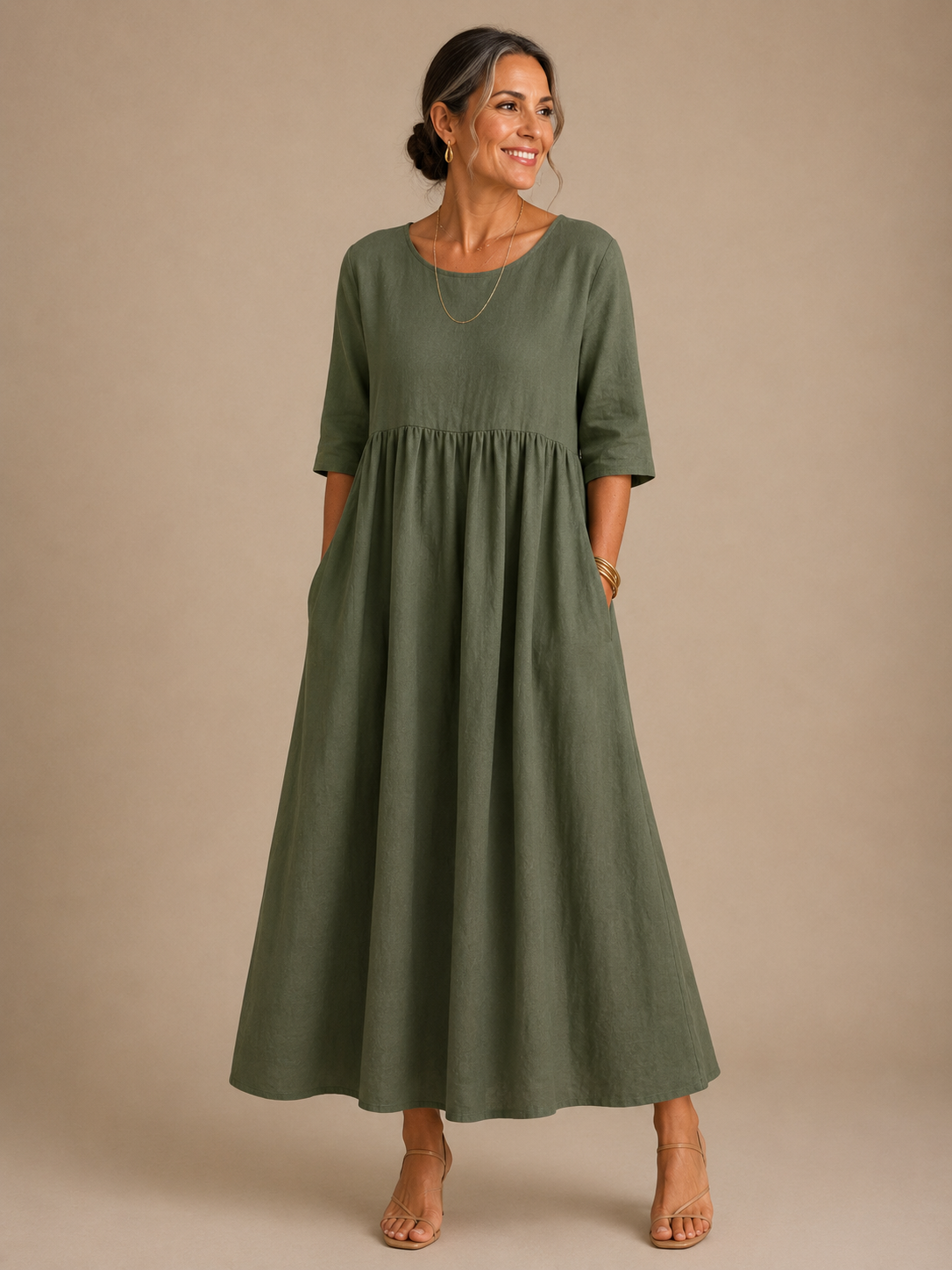 Round Neck Short Sleeve Empire Waist Pocket A-Line Maxi Dress 5