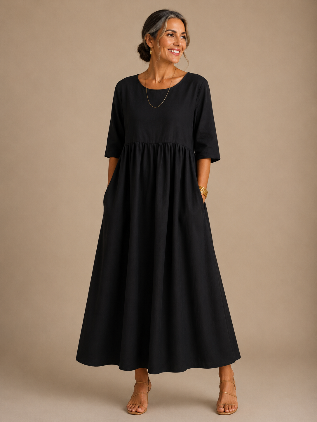 Round Neck Short Sleeve Empire Waist Pocket A-Line Maxi Dress 7