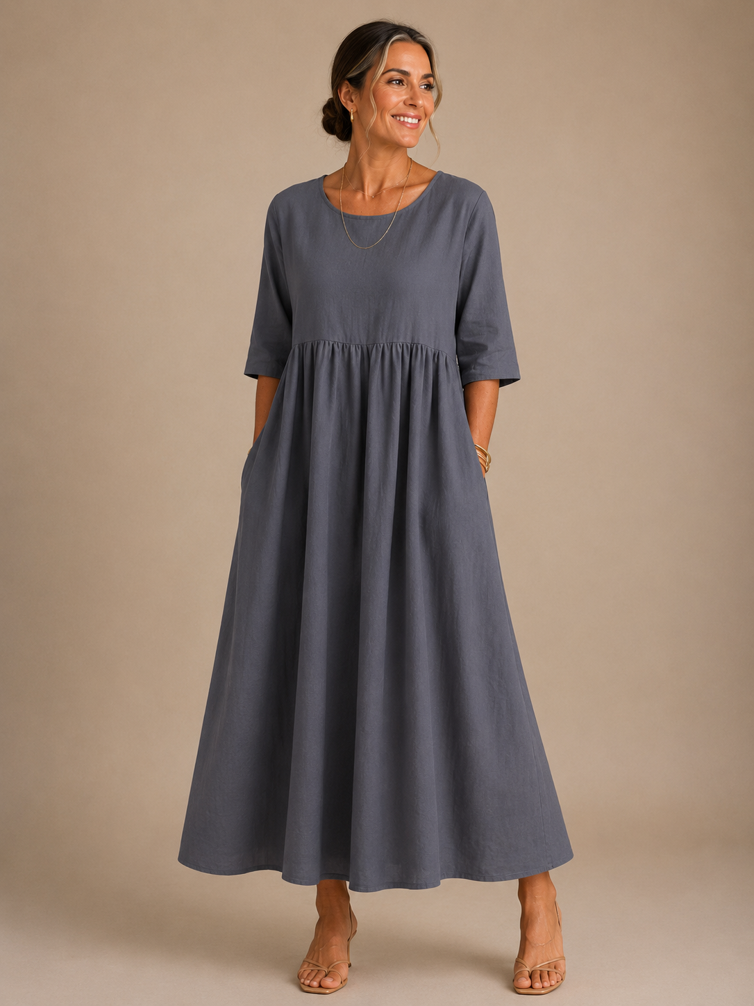 Round Neck Short Sleeve Linen Empire Waist Flowy Maxi Dress