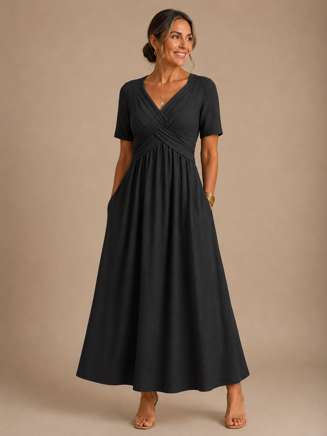 V-Neck Criss Cross Ruched Short Sleeve A-Line Maxi Dress 2