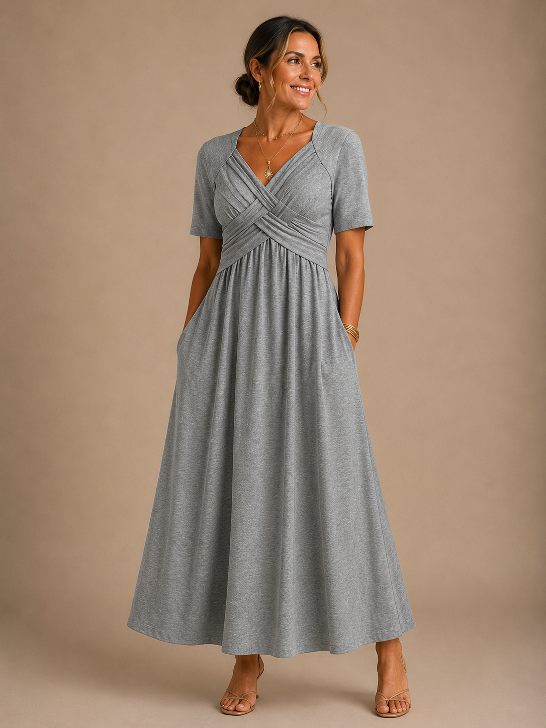Surplice V-Neck Crossover Pleated Bodice Short Sleeve A-Line Maxi Dress