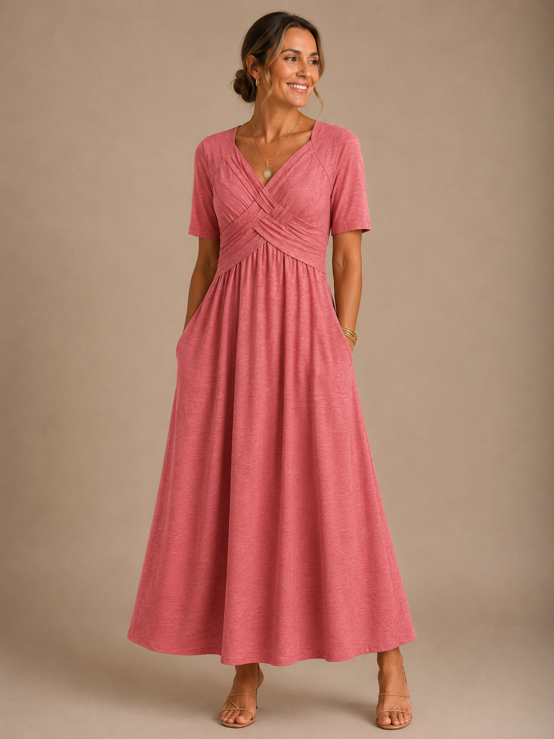 Surplice V-Neck Crossover Pleated Bodice Short Sleeve A-Line Maxi Dress