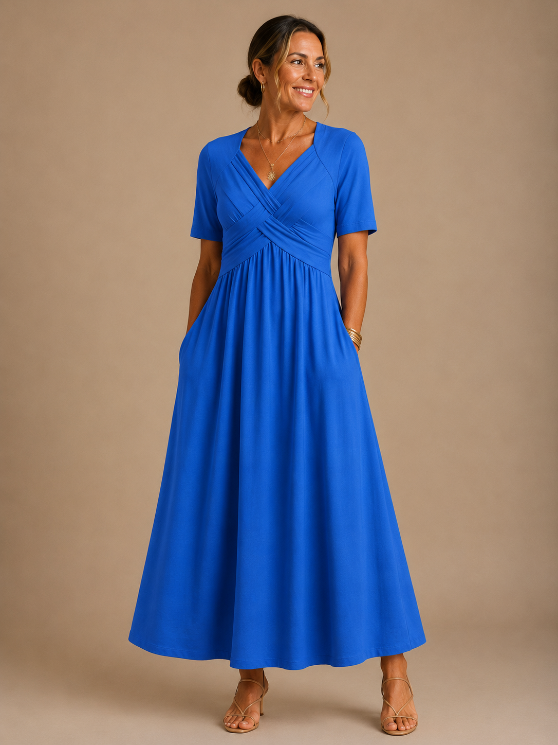 Surplice V-Neck Crossover Pleated Bodice Short Sleeve A-Line Maxi Dress