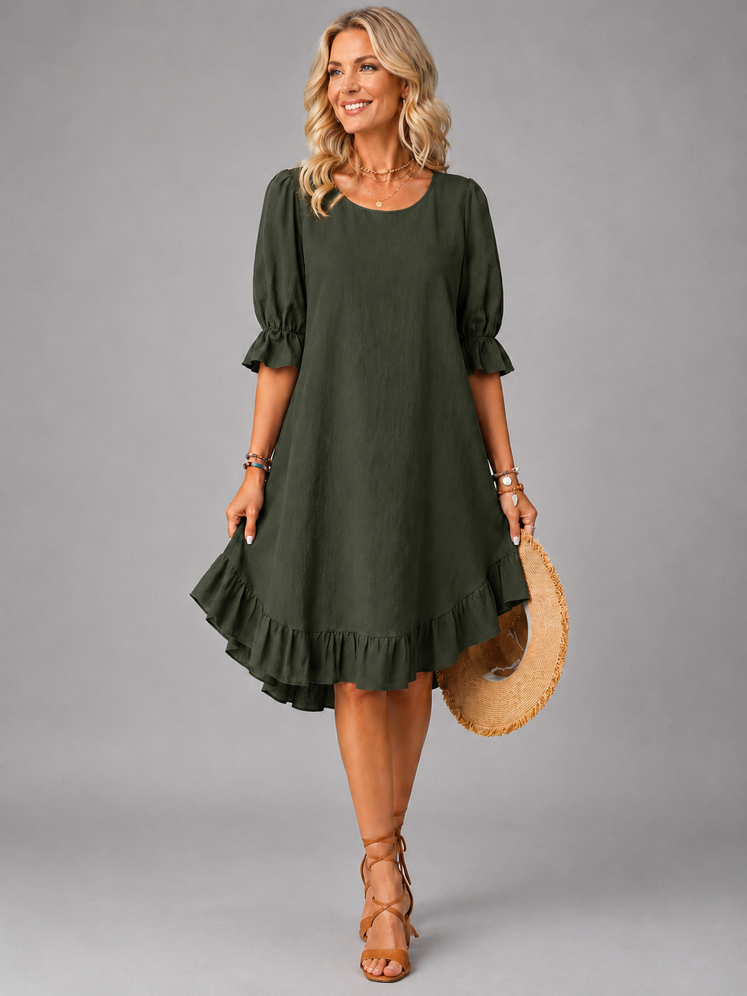 Round Neck Puff Sleeve Ruffle Hem Swing Midi Dress 2