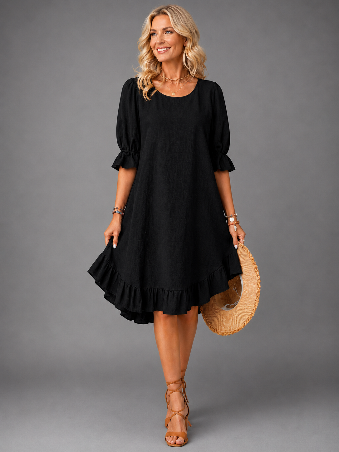Round Neck Puff Sleeve Linen Ruffle Hem A-Line Midi Dress 3
