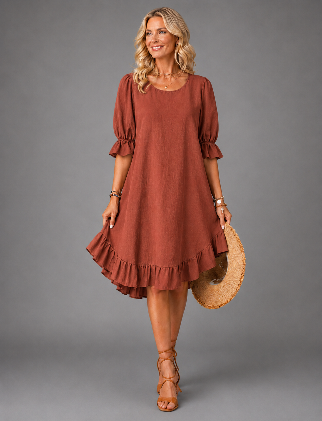 Round Neck Puff Sleeve Ruffle Hem Swing Midi Dress 4