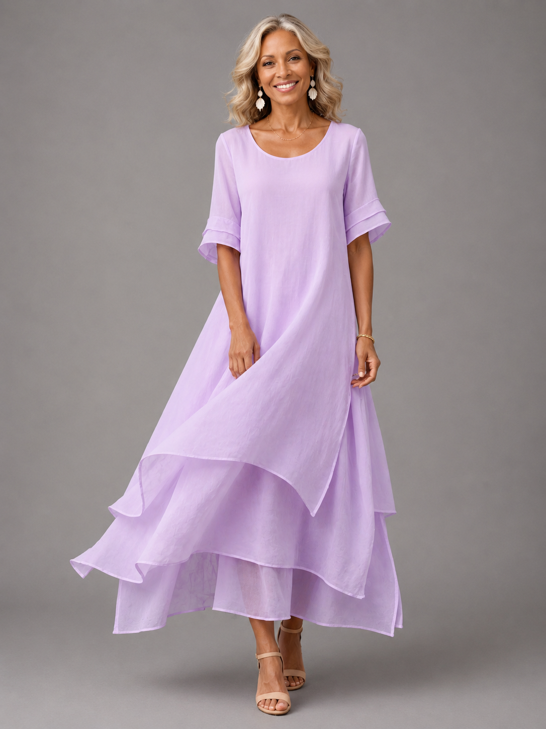 Scoop Neck Ruffle Sleeve Layered Tiered Chiffon Maxi Dress 2