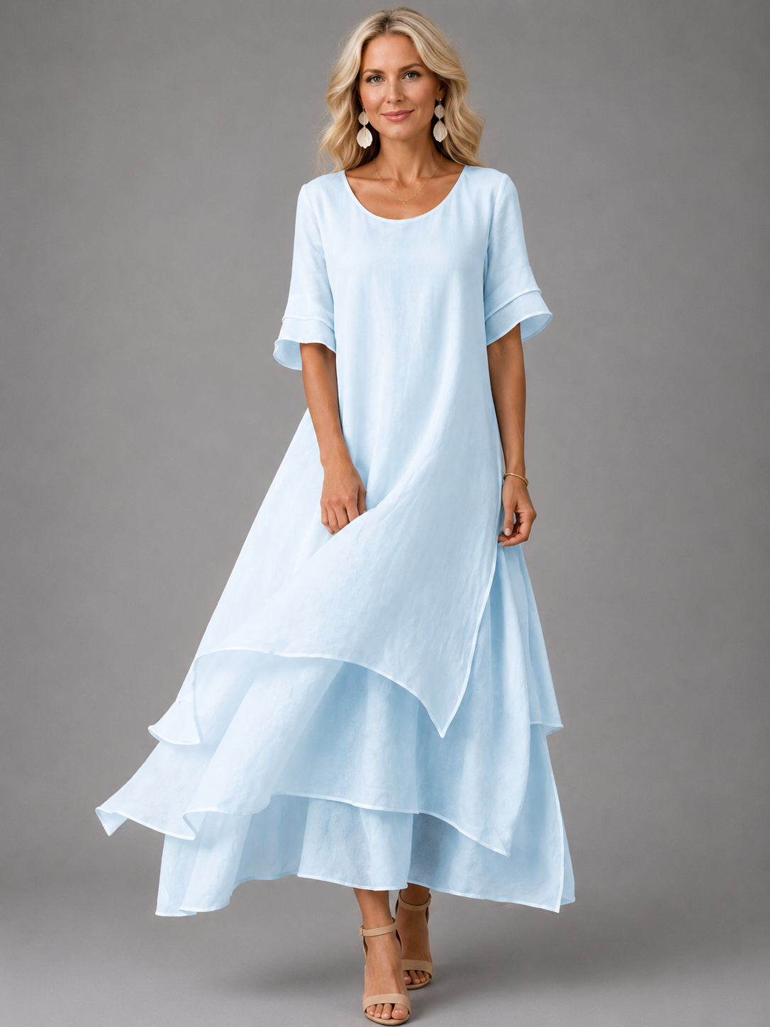 Scoop Neck Ruffle Sleeve Layered Tiered Chiffon Maxi Dress 3