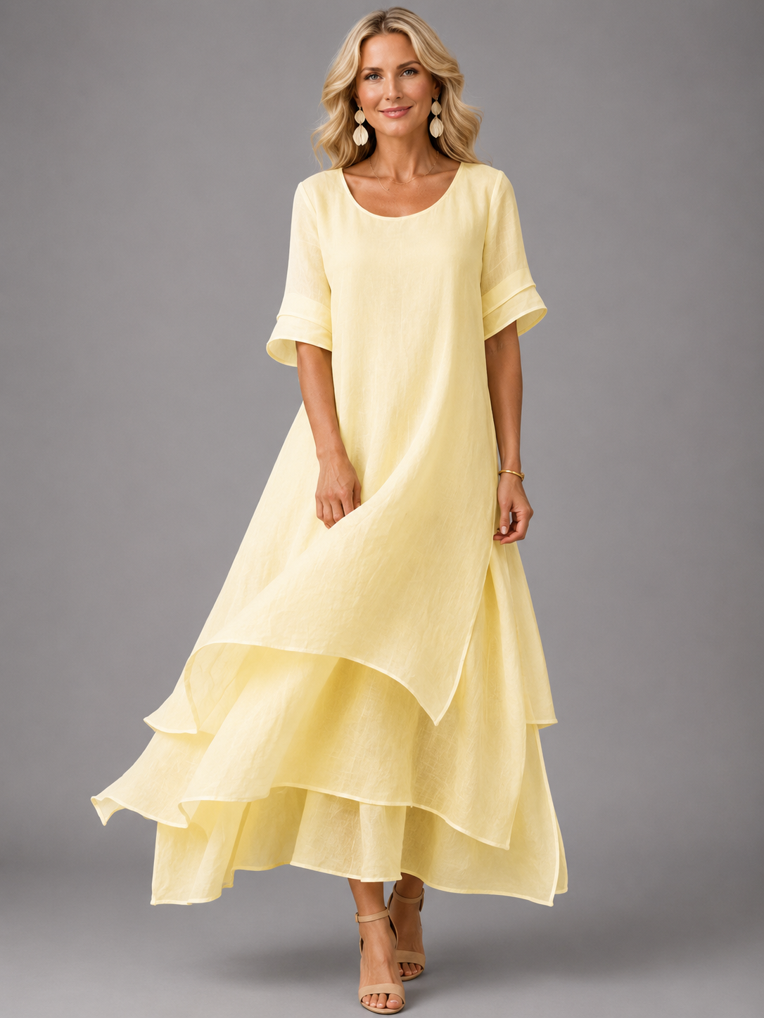 Scoop Neck Ruffle Sleeve Layered Tiered Chiffon Maxi Dress 4