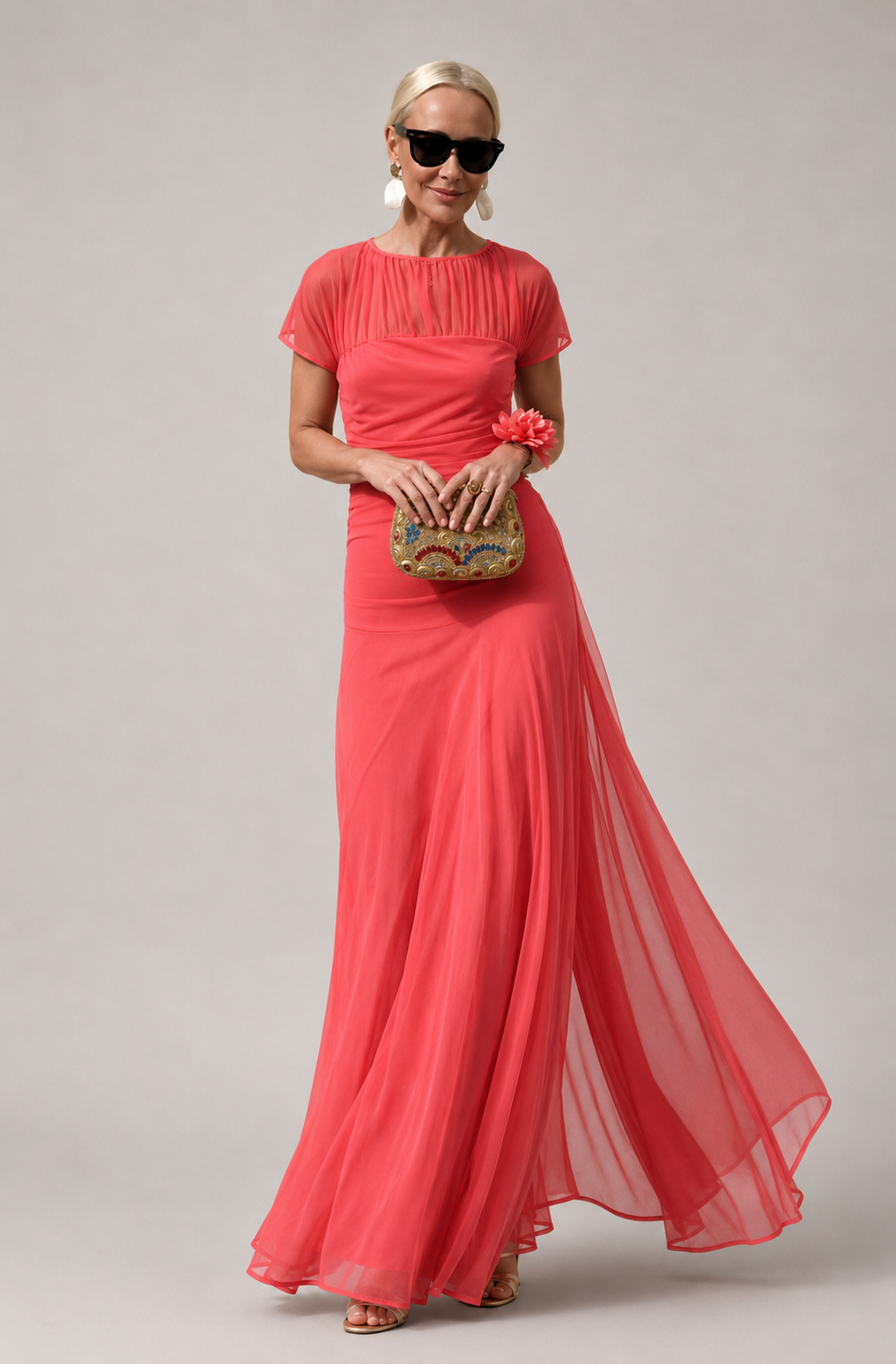 Illusion Neck Short Sleeve Ruched Chiffon A-Line Maxi Gown 4